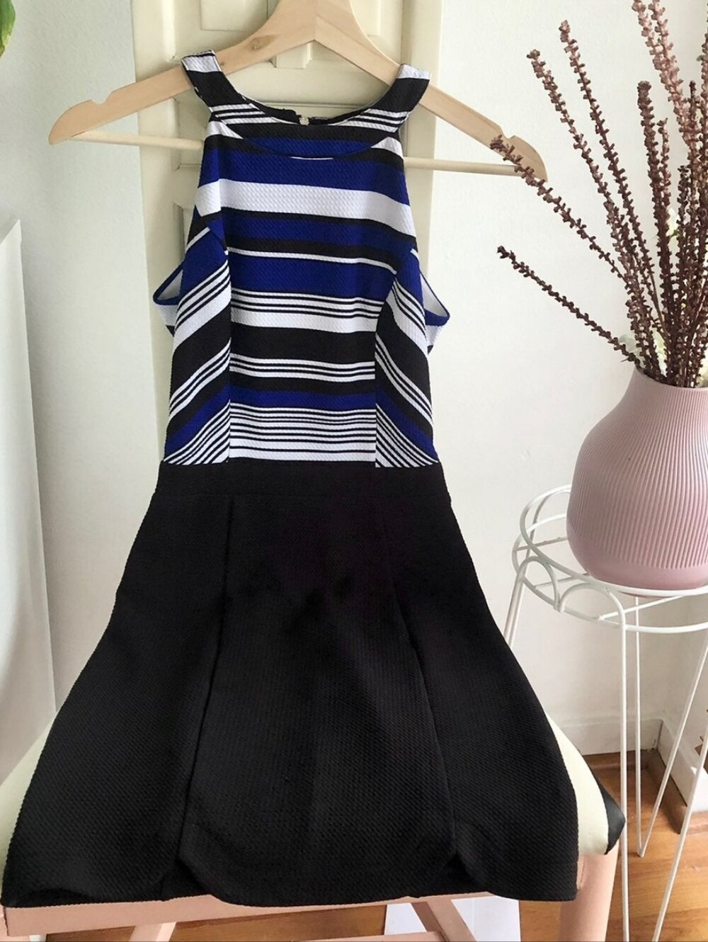 XOXO Blue, Black & White Striped Fit-and-Flare Midi Dress
